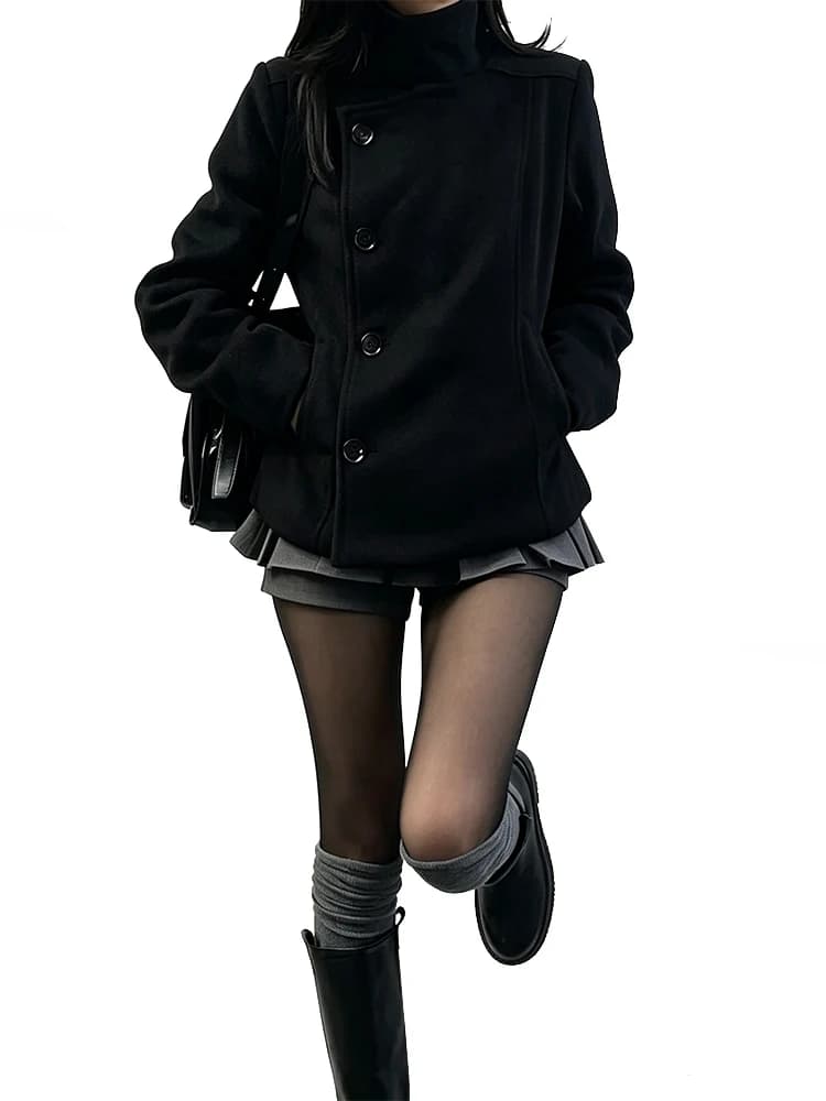 Women's Retro Slim Fit Thick Woolen Coat Korean Style High Neck Diagonal Button Design for Autumn Winter Fashion