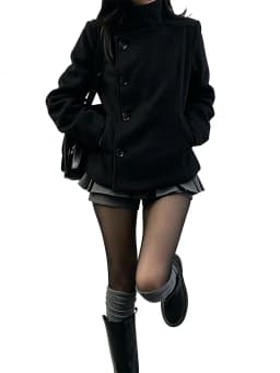 Women's Retro Slim Fit Thick Woolen Coat Korean Style High Neck Diagonal Button Design for Autumn Winter Fashion