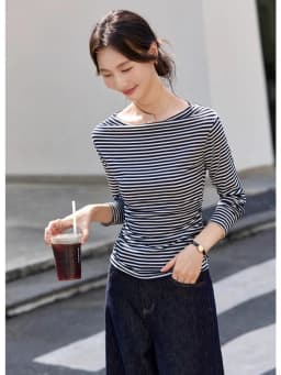 VIMLY Vintage Stripe T-shirt Women 2026 Autumn Casual Slash Neck Tops Ladies Long Sleeve Slim Fit Office Wear Female Tees A3039