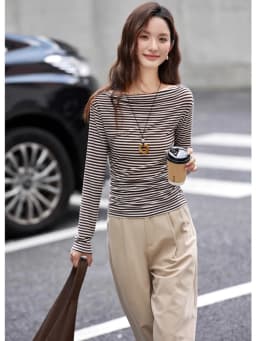 VIMLY Vintage Stripe T-shirt Women 2026 Autumn Casual Slash Neck Tops Ladies Long Sleeve Slim Fit Office Wear Female Tees A3039
