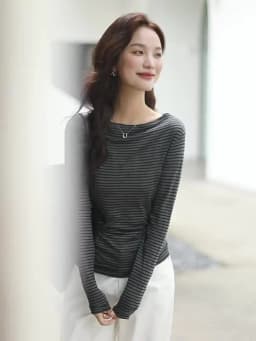 VIMLY Vintage Stripe T-shirt Women 2026 Autumn Casual Slash Neck Tops Ladies Long Sleeve Slim Fit Office Wear Female Tees A3039