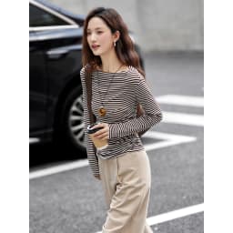 VIMLY Vintage Stripe T-shirt Women 2026 Autumn Casual Slash Neck Tops Ladies Long Sleeve Slim Fit Office Wear Female Tees A3039