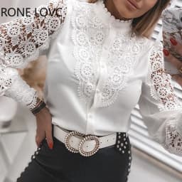 Shirts Elegant Office Ladies White Collared Lace Patchwork Hollow Out Button Up Womens Tops And Blouses 2024 Fashion New Blouse