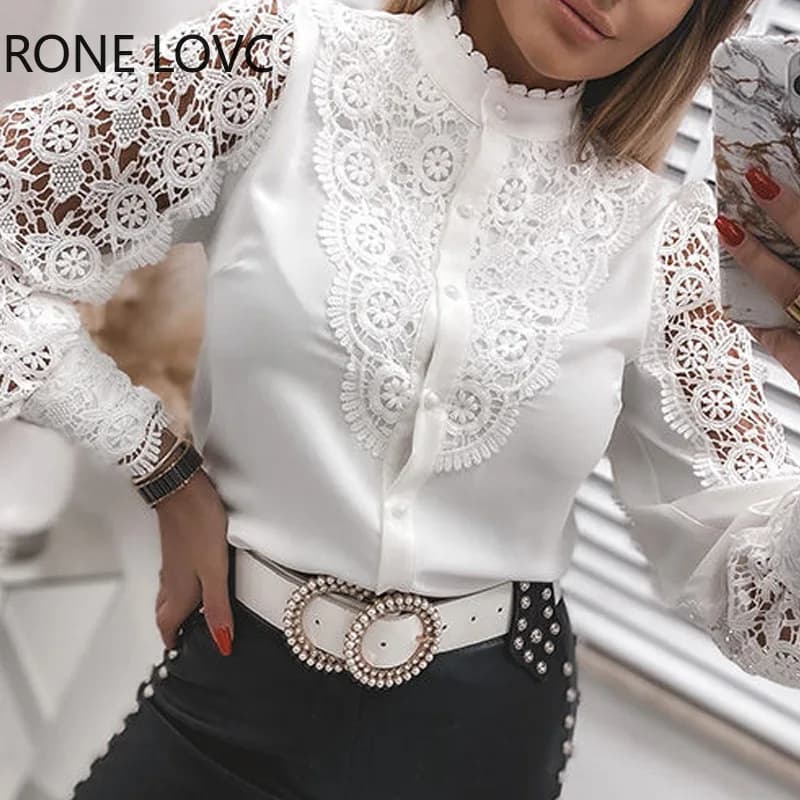 Shirts Elegant Office Ladies White Collared Lace Patchwork Hollow Out Button Up Womens Tops And Blouses 2024 Fashion New Blouse