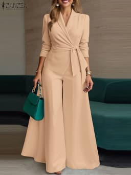 ZANZEA Women Elegant 2 Pieces Pant Sets Lightweight Long Sleeve Belted Blazer & Wide Leg Pant 2pcs Suits Office Commuting Sets