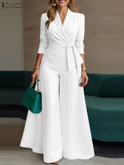 ZANZEA Women Elegant 2 Pieces Pant Sets Lightweight Long Sleeve Belted Blazer & Wide Leg Pant 2pcs Suits Office Commuting Sets