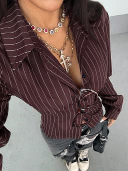 Spring and Autumn New Retro Striped Lapel Button Design Slim Fit Blouse for Women