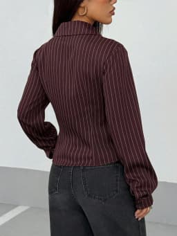 Spring and Autumn New Retro Striped Lapel Button Design Slim Fit Blouse for Women