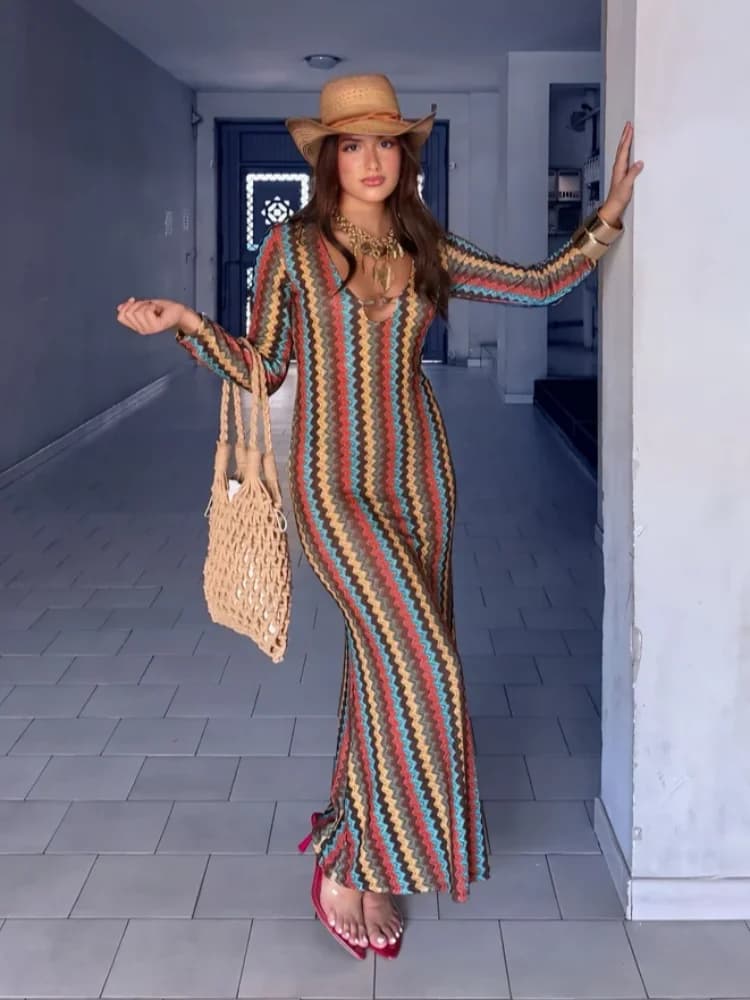Women Y2k Retro Chevron Striped Long Dress Long Sleeve Deep V O-ring Bodycon Maxi Dress Female Summer Travel Club Party Dresses