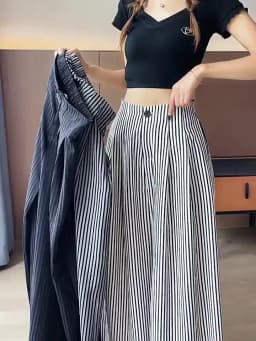 Women's High Waist Wide Leg Pants Ice Silk Striped Slimming Loose Casual Draping Straight Floor Length Suit Trousers