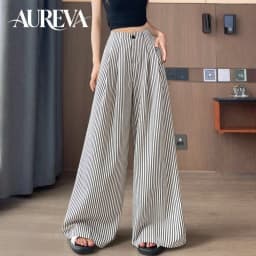 Women's High Waist Wide Leg Pants Ice Silk Striped Slimming Loose Casual Draping Straight Floor Length Suit Trousers
