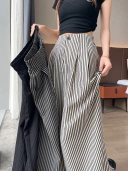 Women's High Waist Wide Leg Pants Ice Silk Striped Slimming Loose Casual Draping Straight Floor Length Suit Trousers