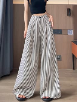 Women's High Waist Wide Leg Pants Ice Silk Striped Slimming Loose Casual Draping Straight Floor Length Suit Trousers