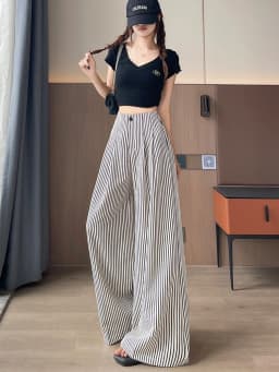 Women's High Waist Wide Leg Pants Ice Silk Striped Slimming Loose Casual Draping Straight Floor Length Suit Trousers