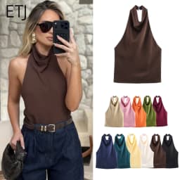 ETJ Women's 2026 Spring Cowl Neck Sleeveless Top Satin Backless Halter Blouse Elegant Party Night Out Wear Fashion Statement