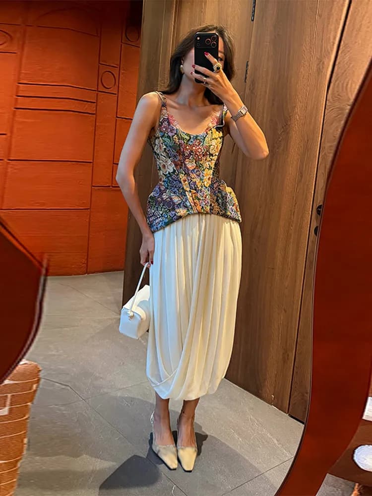 2026 Summer Autumn Chic Print Flower Slim Top Women Sleeveless Slash Neck Sling Backless Zipper Vest Female Lady Tops New