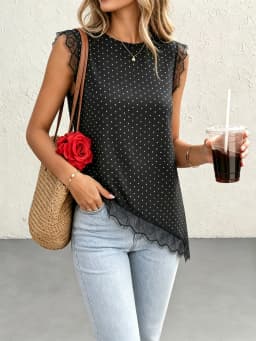 Women's Polka Dot Sleeveless Blouse Eyelash Lace Trim Irregular Diagonal Hem Loose Casual Tank Top Daily Vacation Shirts