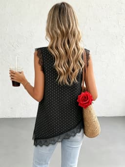 Women's Polka Dot Sleeveless Blouse Eyelash Lace Trim Irregular Diagonal Hem Loose Casual Tank Top Daily Vacation Shirts