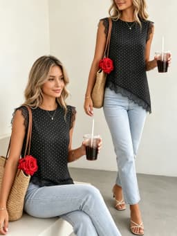 Women's Polka Dot Sleeveless Blouse Eyelash Lace Trim Irregular Diagonal Hem Loose Casual Tank Top Daily Vacation Shirts
