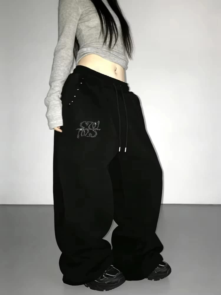 Y2K Women Korean Streetwear Wide Leg Sweatpants Baggy Oversized Rivet Pants Harajuku Grunge Joggers Trousers Acubi 2000s Clothes