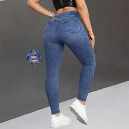 Ladies High-Waist Faux Denim Slim Fit Pants Denim Print Elastic Waist Tummy Control Butt Lifting Casual Trousers