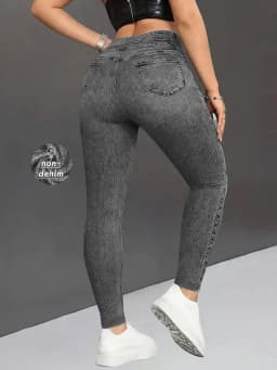 Ladies High-Waist Faux Denim Slim Fit Pants Denim Print Elastic Waist Tummy Control Butt Lifting Casual Trousers