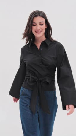 New Women's Fashion Casual Polo Neck Bow Tie up Short Edition Double Breasted Poplin Shirt