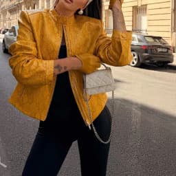 Y2k Bright Yellow Cropped Jacket Chic Snake Pattern Stand Collar Zipper Button Faux Leather Straight Coat Autumn Women Outerwear