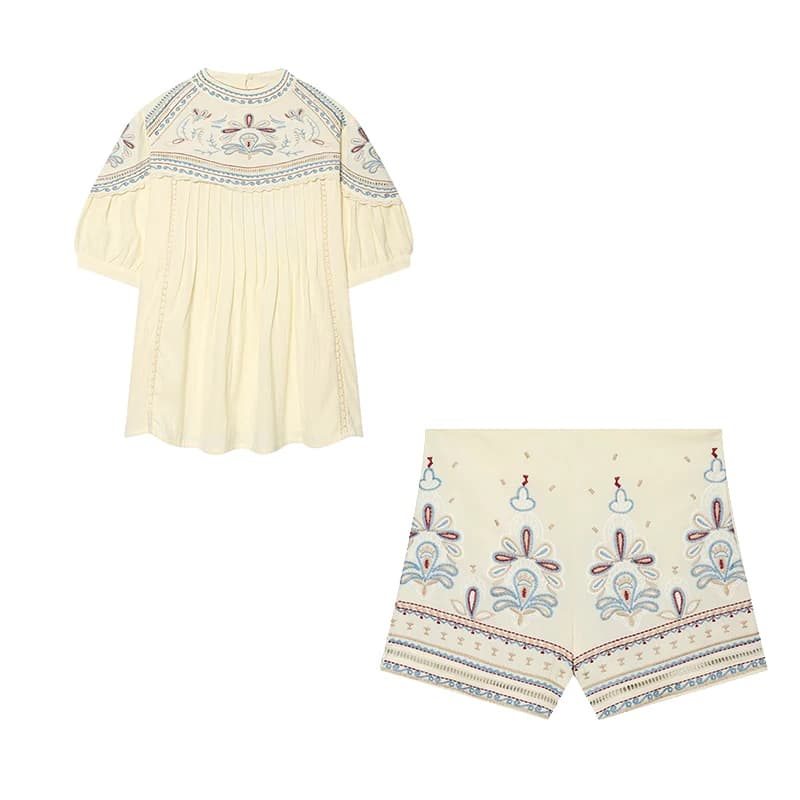 Willshela Women Fashion 2 Piece Set Embroidery Pullover T-Shirts & Vintage Side Zipper Mini Shorts Female Chic Lady Shorts Suits