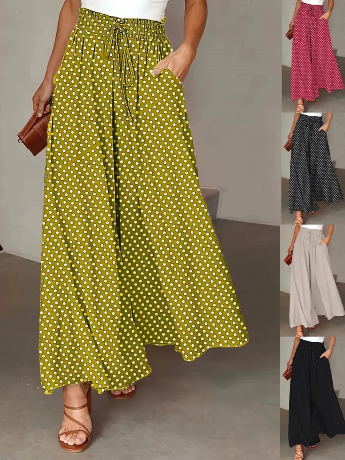2025 Spring/Summer Bohemian Wide-Leg Pants with Elastic Waist and Polka Dot Print Long Skirt Pants for Women