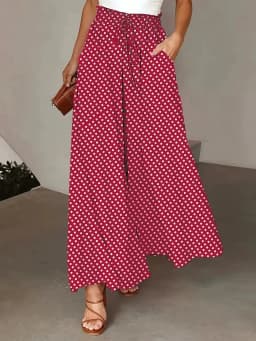 2025 Spring/Summer Bohemian Wide-Leg Pants with Elastic Waist and Polka Dot Print Long Skirt Pants for Women