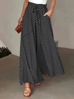 2025 Spring/Summer Bohemian Wide-Leg Pants with Elastic Waist and Polka Dot Print Long Skirt Pants for Women