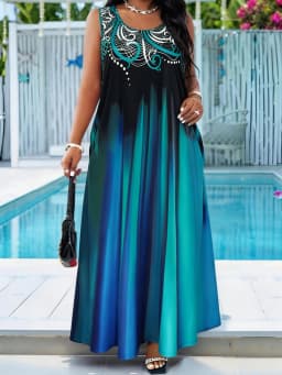 Plus Size Teal Blue Gradient Print Maxi Dress Summer Casual Round Neck Sleeveless Loose Long Sundress With Pocket