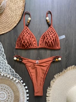 Sexy Brown Bikini Set 2026 Women Pearls Strap Hole Out Push Up Bra Thong Swimsuit Brazilian Beach Bathing Suit Micro Swimwear