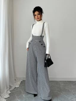 Overalls for Women's Winter Jumpsuit Black White Vintage Wide Leg Suspender Pants for Office Commute Casual Female Clothing