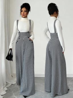 Overalls for Women's Winter Jumpsuit Black White Vintage Wide Leg Suspender Pants for Office Commute Casual Female Clothing