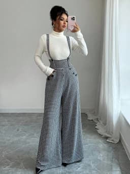 Overalls for Women's Winter Jumpsuit Black White Vintage Wide Leg Suspender Pants for Office Commute Casual Female Clothing