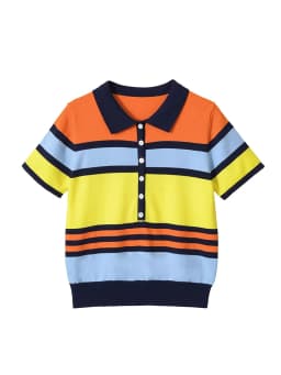 TFMLN Women's Colorful Striped Knitted Polo Shirt 2026 Summer Trendy Holiday Pullover Tops Leisure Stylish Short Sleeve Tops