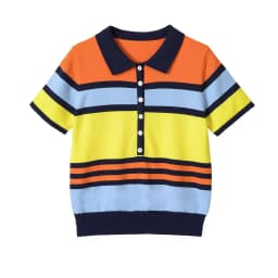 TFMLN Women's Colorful Striped Knitted Polo Shirt 2026 Summer Trendy Holiday Pullover Tops Leisure Stylish Short Sleeve Tops