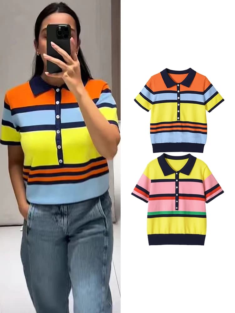 TFMLN Women's Colorful Striped Knitted Polo Shirt 2026 Summer Trendy Holiday Pullover Tops Leisure Stylish Short Sleeve Tops