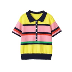 TFMLN Women's Colorful Striped Knitted Polo Shirt 2026 Summer Trendy Holiday Pullover Tops Leisure Stylish Short Sleeve Tops
