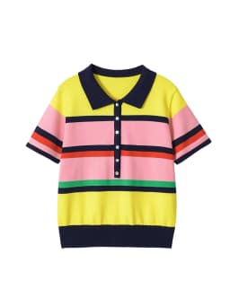 TFMLN Women's Colorful Striped Knitted Polo Shirt 2026 Summer Trendy Holiday Pullover Tops Leisure Stylish Short Sleeve Tops