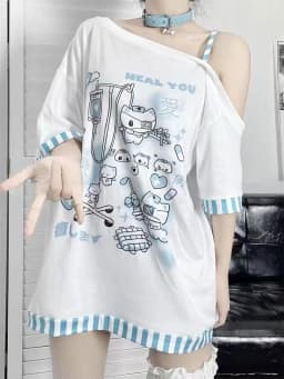 Japanese Harajuku Sweet Graphic T Shirts Women Cat Print Summer Off Shoulder Top Short-sleeve Oversize Tees Loose Casual T Shirt