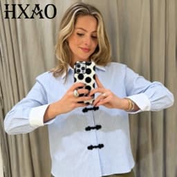 HXAO Oversized Striped Shirt Women's Blouse 2026 Blue White Contrast Frog Button Long Sleeve Top Casual Streetwear Shirts