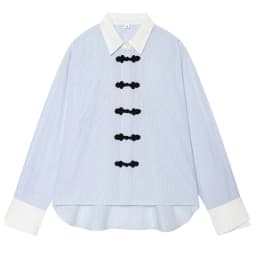 HXAO Oversized Striped Shirt Women's Blouse 2026 Blue White Contrast Frog Button Long Sleeve Top Casual Streetwear Shirts