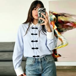 HXAO Oversized Striped Shirt Women's Blouse 2026 Blue White Contrast Frog Button Long Sleeve Top Casual Streetwear Shirts