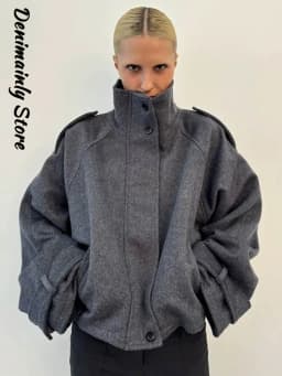 Fashion Short Woolen Coat Women Stand Collar Single-breast Full Sleeve Loose Pocket Jacket Female 2026 Autumn Solid Lady Outwear