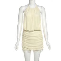 Weird Puss Sexy Mesh Patchwork Mini Dress Women Lace-Up Halter Backless Pearl Tassel Ruched Elegant Midnight Club Party Outfits