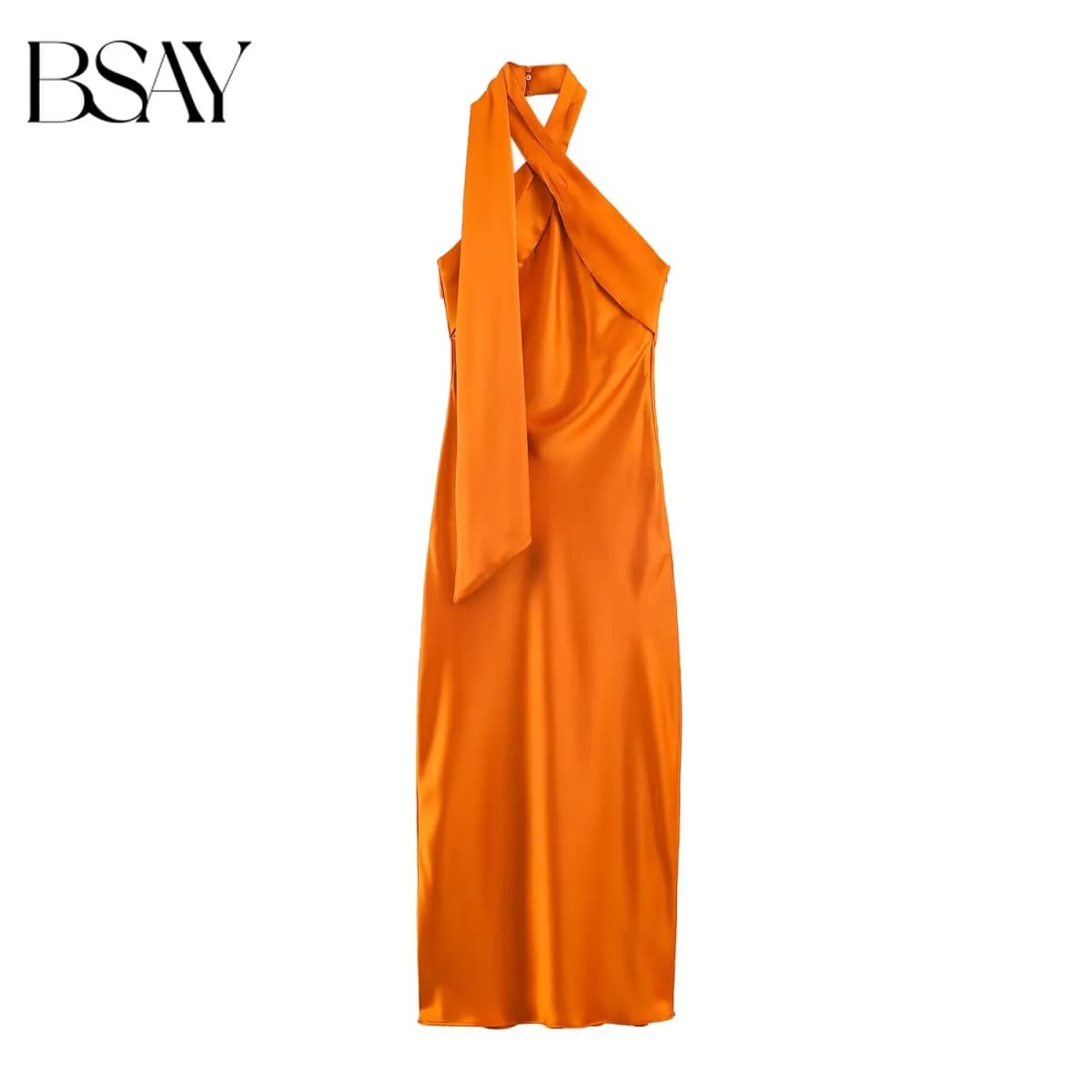 BSAY 2026 New Chic Women Glossy Satin Crisscross Halter Midi Dress Decorative Long Sash Sleeveless Bodycon Evening Dating Dress