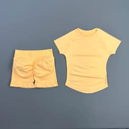 2 Pieces HISTELLO Sports Set Seamless Short Sleeve Low Rise Ribbed Shorts Soft Elastic Pilates Running Fitness Yoga Active Sets